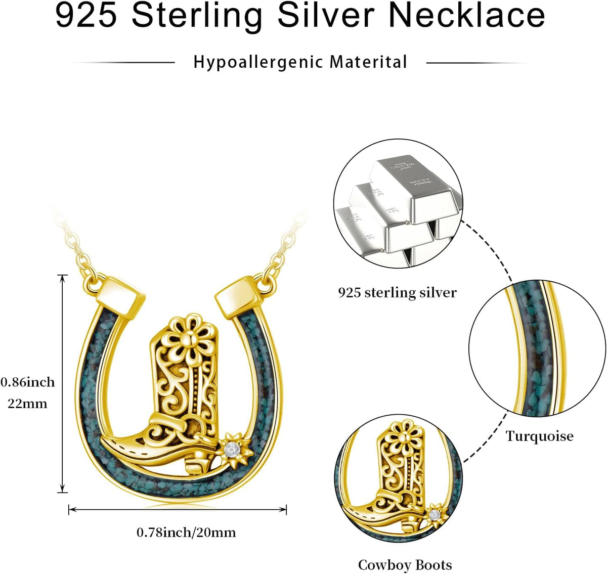 Western Necklace 925 Sterling Silver Turquoise Western Pendant Country Jewelry Gifts for Cowgirl Cowboy