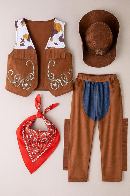 stylesilove Toddler Boy Cowboy 4pcs Outfit with Hat, Vest, Pants & Bandana Brown Clothing Set