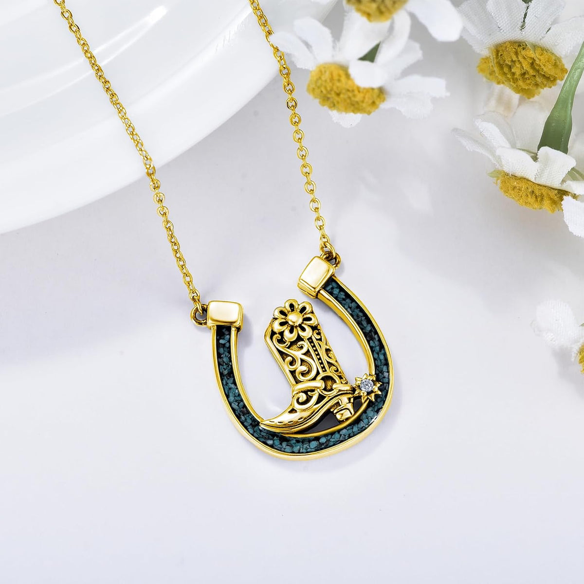 Western Necklace 925 Sterling Silver Turquoise Western Pendant Country Jewelry Gifts for Cowgirl Cowboy
