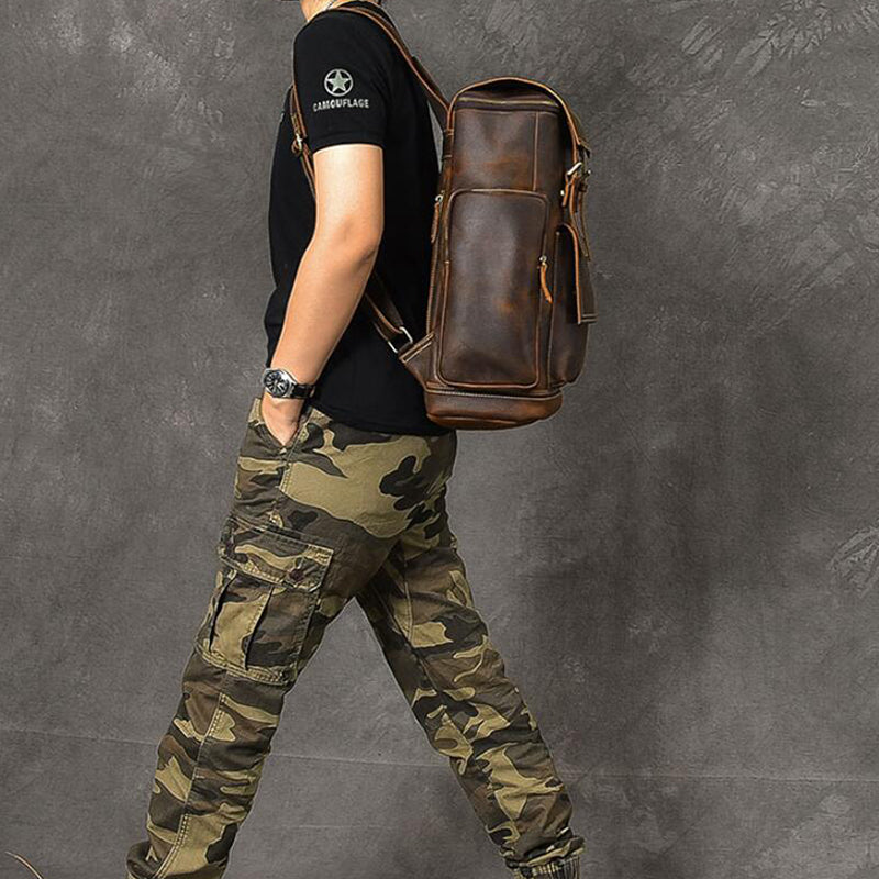 Crazy Horse Leather Men Backpack Vintage Laptop Backpack Travel Backpack ESS468